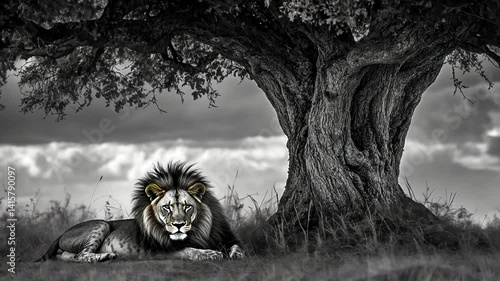 Majestic lion resting under a large acacia tree in the African savanna
