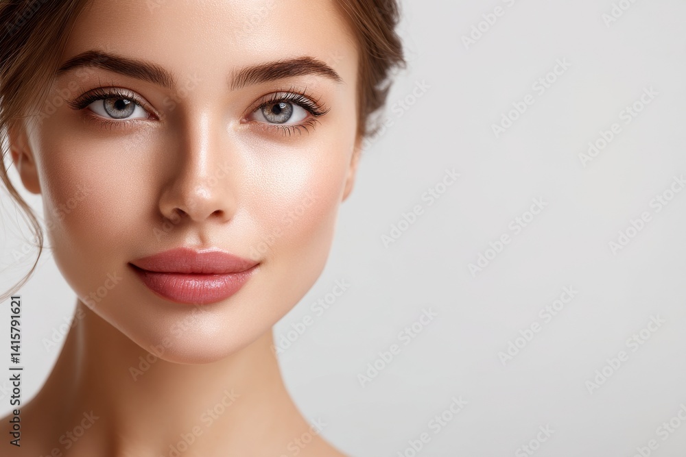 Naklejka premium The girl has a beautiful fresh appearance with flawless skin and a natural makeup look, showcasing her stunning face