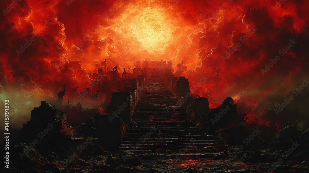 A haunting scene of a fiery staircase leading to a bright, hellish sky, shrouded in ominous clouds. Ideal for fantasy and horror themes. A haunting scene of a fiery staircase leading to a bright, hellish sky, shrouded in ominous clouds. Ideal for fantasy and horror themes.