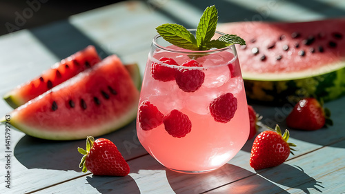 Refreshing pink drink with raspberries and watermelon slices  summer refreshing drink with ice