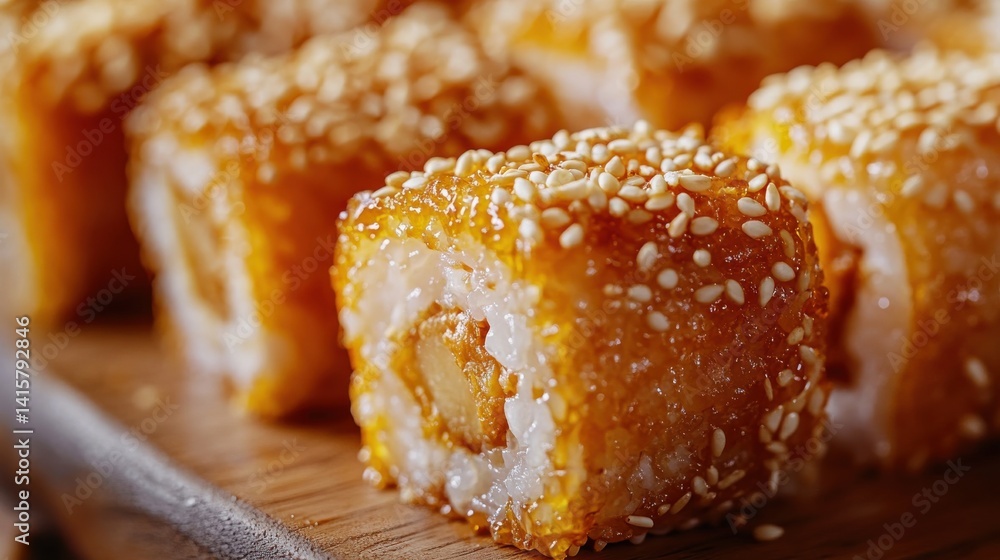Close-up of Crispy Sushi Roll with Sesame Seeds