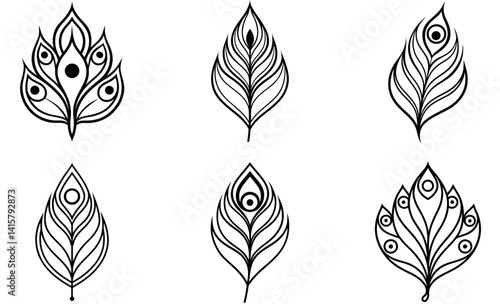 Elegant Black and White Peacock Feather Designs on a white background