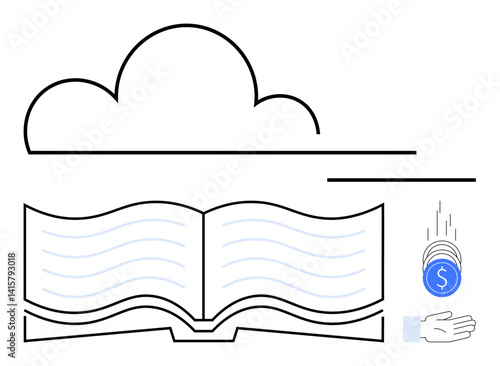 Cloud above open book with falling coins and hand represents online learning, knowledge sharing, funding, and digital access. Ideal for education, technology, innovation, charity, e-learning