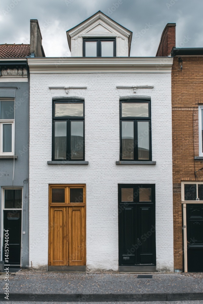 Modern architecture contrasts with traditional buildings in an urban setting showcasing a stylish white facade with wooden and black doors, under a cloudy sky Modern architecture contrasts with traditional buildings in an urban setting showcasing a stylish white facade with wooden and black doors, under a cloudy sky