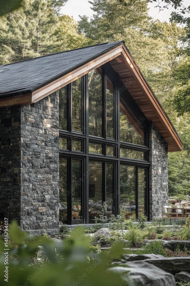 Modern stone cabin nestled in the forest surrounded by greenery with large windows reflecting natural beauty in the afternoon light