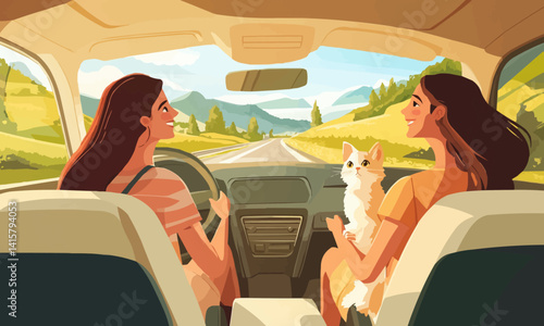 Happy Mother and Daughter Enjoying a Cheerful Drive with Pet Cat on Vacation