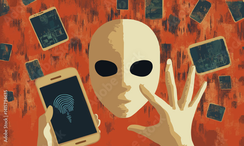 Identity theft risk, masked figure with phone and biometric icons, symbolizing hacking threats to personal data