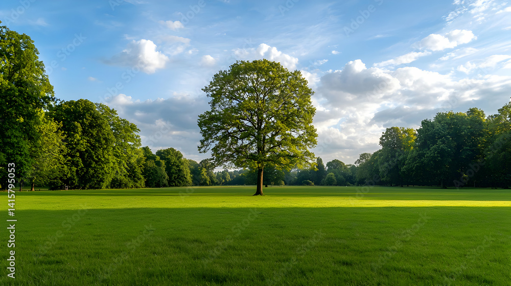 Fototapeta premium Green Field With A Single Tree Under Sunny Sky