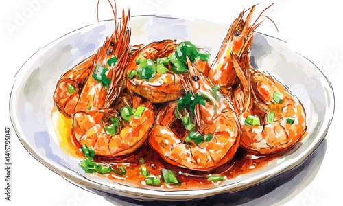 Illustrated braised prawns