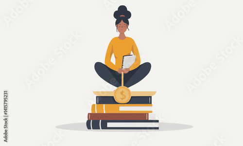 Illustration of a businesswoman sitting on a balance coin, with books on the other side, representing the balance between professional success and personal development