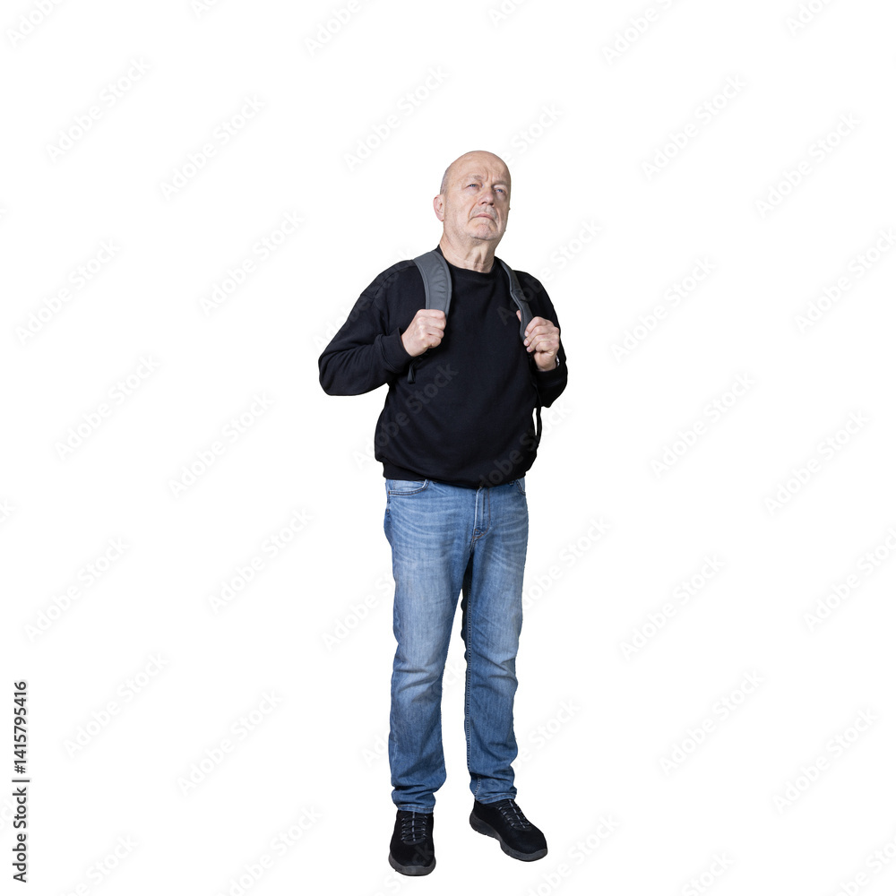 a man with a backpack on his shoulders while walking