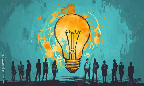 Creative team brainstorming ideas with lightbulb concept illustration