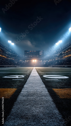 Empty football field at night, illuminated by stadium lights