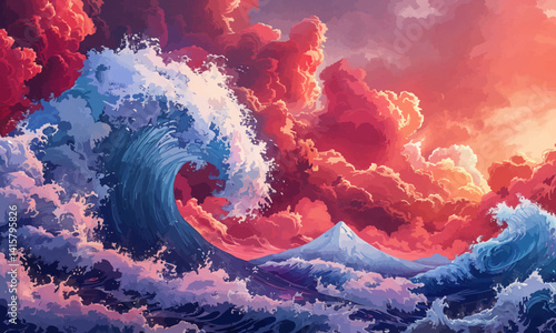illustration of blue wave crashing amidst swirling red and crimson clouds capturing the essence of natures fury and beauty