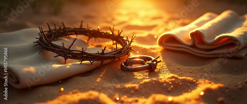 Spiritual still life with crown of thorns and broken chains