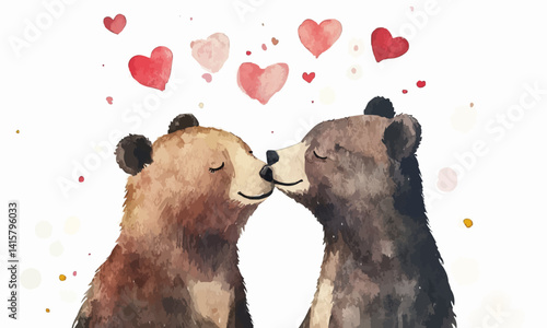 Cute couple bears painted in watercolor, sharing a tender moment with Valentine's Day vibes. Great for clipart, marketing, and wall art, placed on a white background