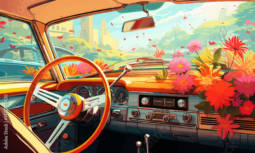 illustration of retro car interior with colorful blooming flowers and steering wheel