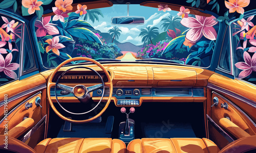 illustration of retro car interior with colorful blooming flowers and steering wheel