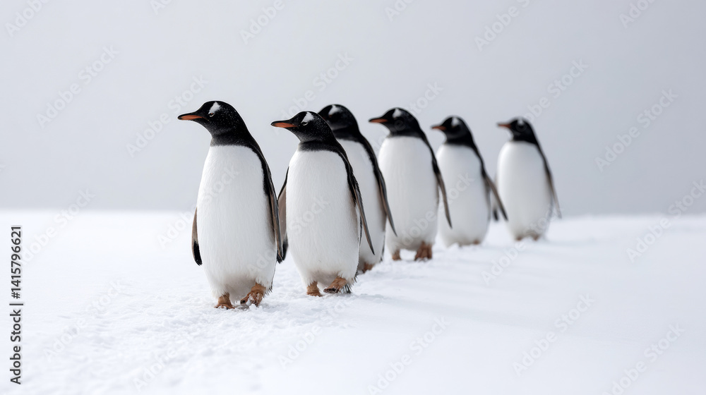 Obraz premium Five gentoo penguins waddling in a line across the pristine snow of Booth Island, Antarctica, create a charming wildlife scene