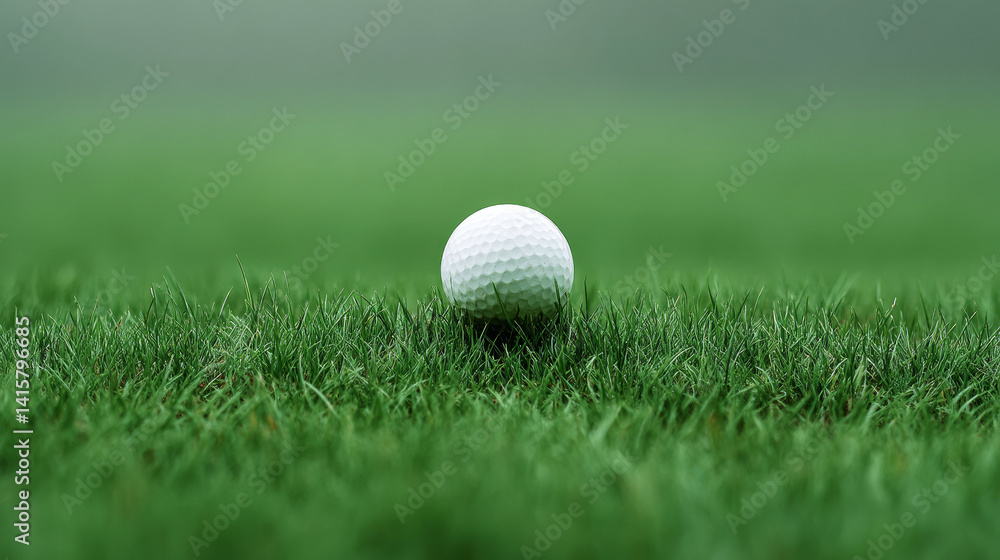 Fototapeta premium Golf ball sitting on verdant fairway grass, nestled in pristine turf awaiting precise golfer's stroke during competitive play