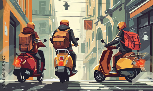 Delivery men on scooters in urban scenes vector illustrations