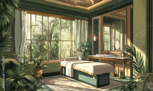 Designing illustrations for a Victorian spa and wellness center located in a botanical garden retreat.