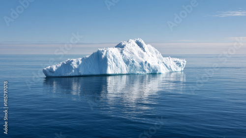 Iceberg A23a majestically floats in the dark blue waters of the Southern Ocean, its reflection shimmering on the surface against a clear sky