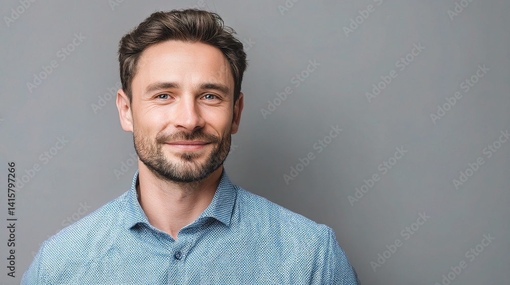 Fototapeta premium Smiling Businessman in Blue Shirt Standing Against Gray Background