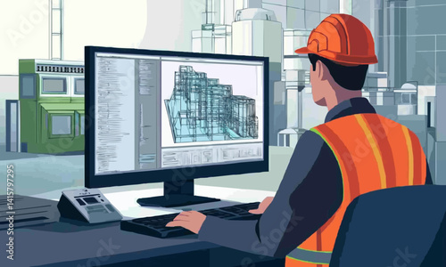 Develop an illustration of an engineer using a computer with CAD software, modeling and simulating complex structures. Vector flat minimalistic isolated illustration.