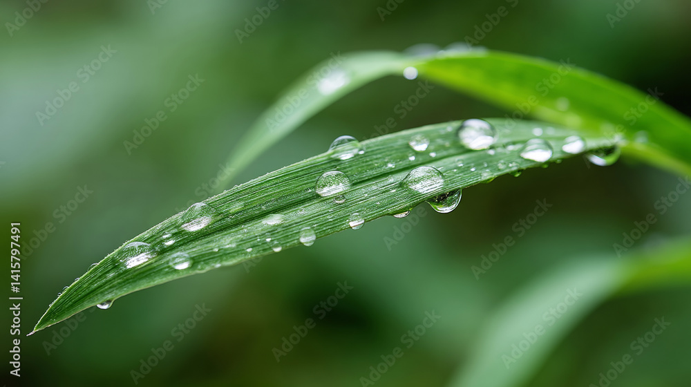 Sparkling droplets of morning dew cling to a blade of grass, creating a mesmerizing display of nature's beauty Sparkling droplets of morning dew cling to a blade of grass, creating a mesmerizing display of nature's beauty