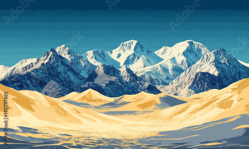 Digital illustration of a vast desert with sand dunes in the foreground and snowy mountains in the back. Isolated.