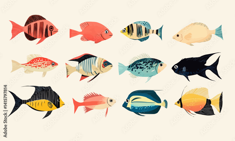 Fototapeta premium Discover the diversity of saltwater fish species through illustrations of colorful marine life. Illustration, Minimalism,