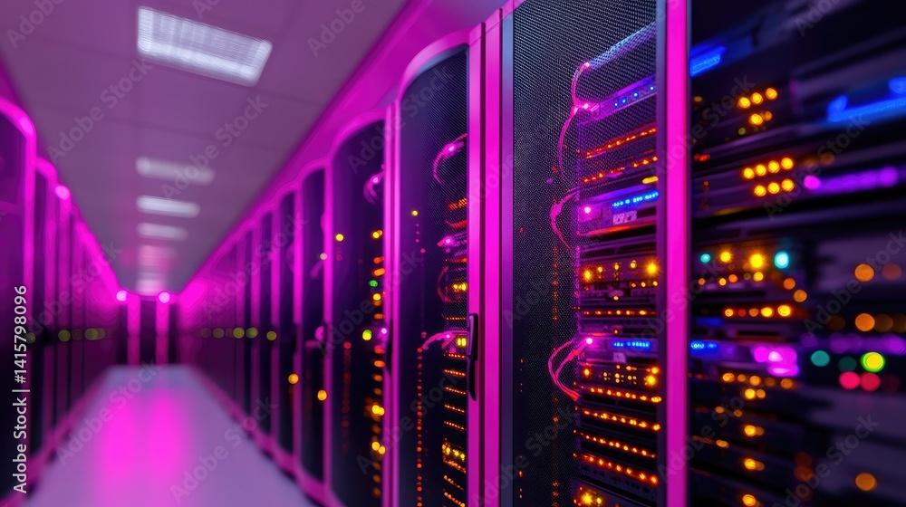 Futuristic Data Center With Vibrant Neon Lighting in Server Room Futuristic Data Center With Vibrant Neon Lighting in Server Room