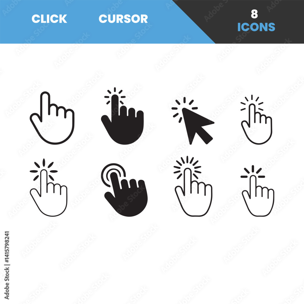 Fototapeta premium Vector Set of Click and Cursor Icons in Black and White.This image features eight simple, easily editable click and cursor icons.