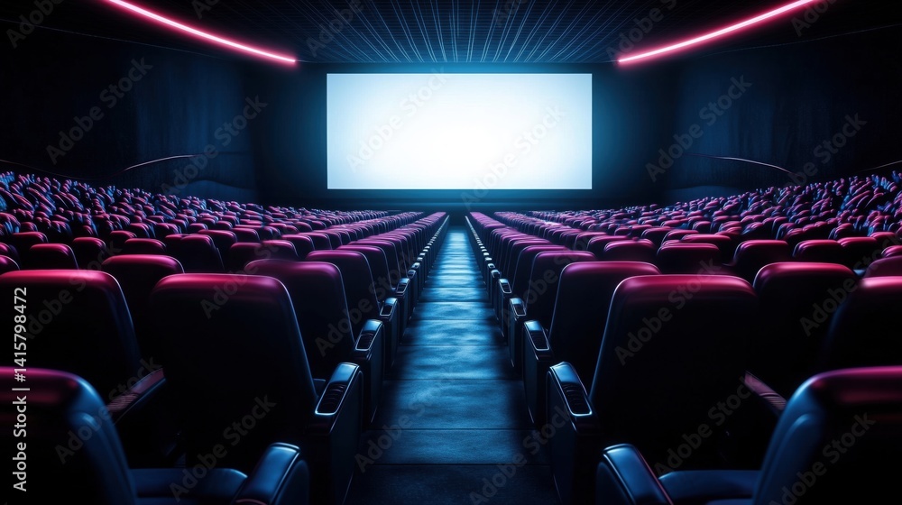 Empty cinema auditorium with illuminated white screen and red seats awaiting audience Empty cinema auditorium with illuminated white screen and red seats awaiting audience