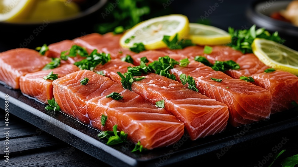 Fresh salmon fillets prepared with lemon and parsley on black tray Fresh salmon fillets prepared with lemon and parsley on black tray
