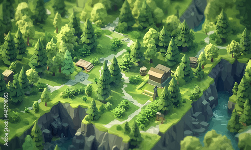 During the summer, dense forests are brimming with green trees, shrubs, and trails, especially after a rainfall. This scene is depicted in a modern cartoon illustration of a game land platform.