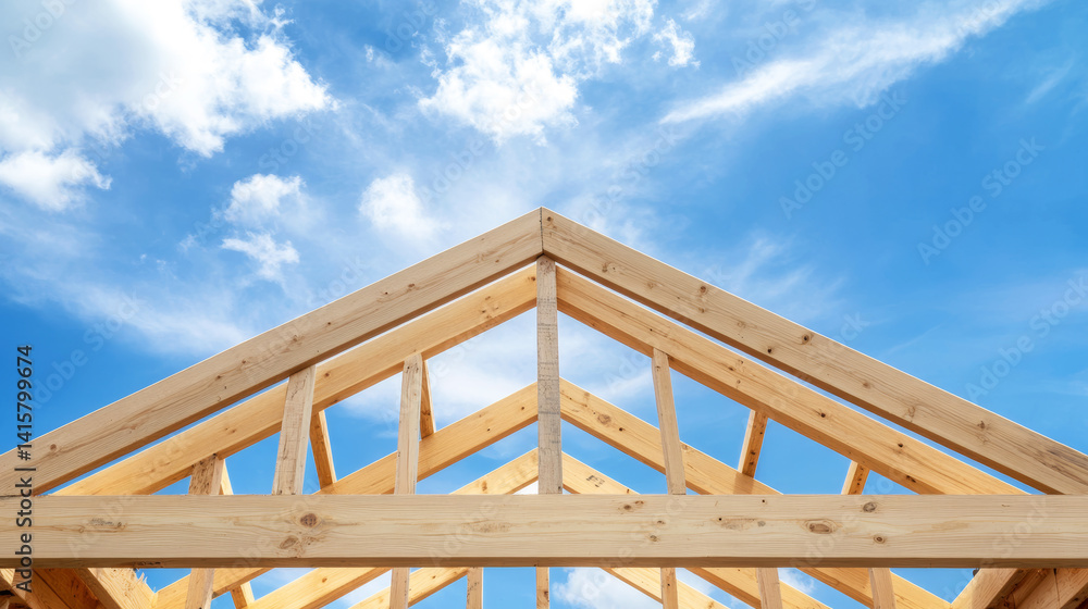 Obraz premium Wooden roof framing of a new home against a blue sky with clouds, representing construction, carpentry, and housing development