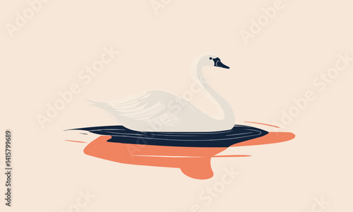 Elegant swan gliding on water, Vector flat minimalistic isolated illustration