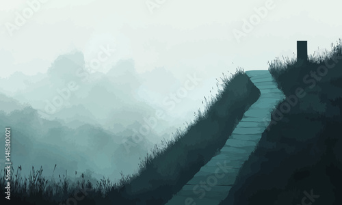 Enchanted pathway disappearing into the misty horizon. Vector flat minimalistic isolated illustration.