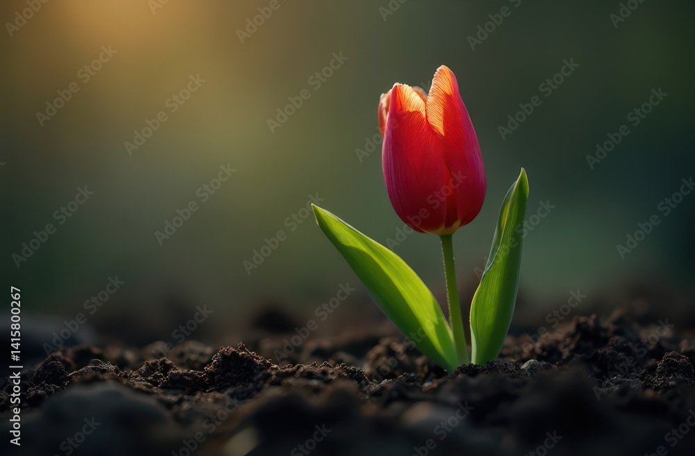Obraz premium Fresh tulip bud emerging from dark soil, with green leaves barely unfolded. Generative AI