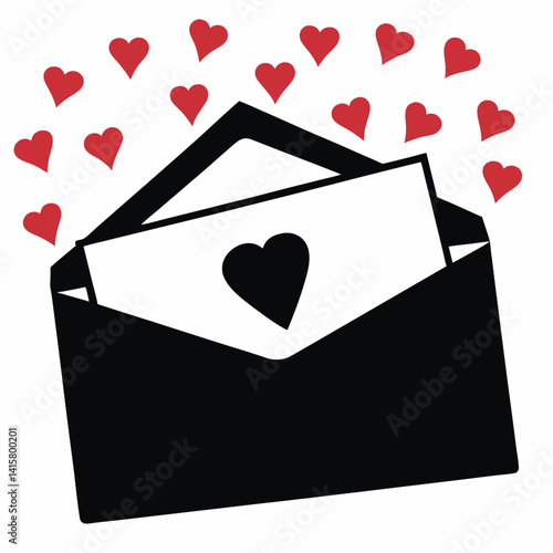 Love letter in black envelope icon with red hearts