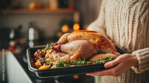 Close-up of woman's hands in sweater holding baking sheet with raw turkey before cooking it for dinner.