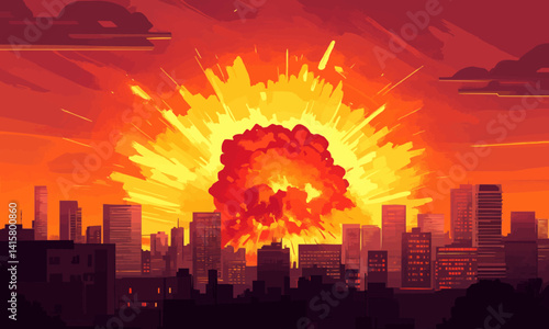 Explosion of nuclear bomb in the city. end of world illustration. Nuclear war threat concept