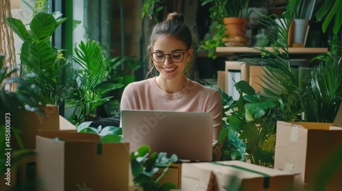 Smiling adult woman in glasses sitting in a room with many green houseplants and shopping online using a laptop surrounded by many boxes and parcels. Black Friday shopping. Cyber Monday shopping