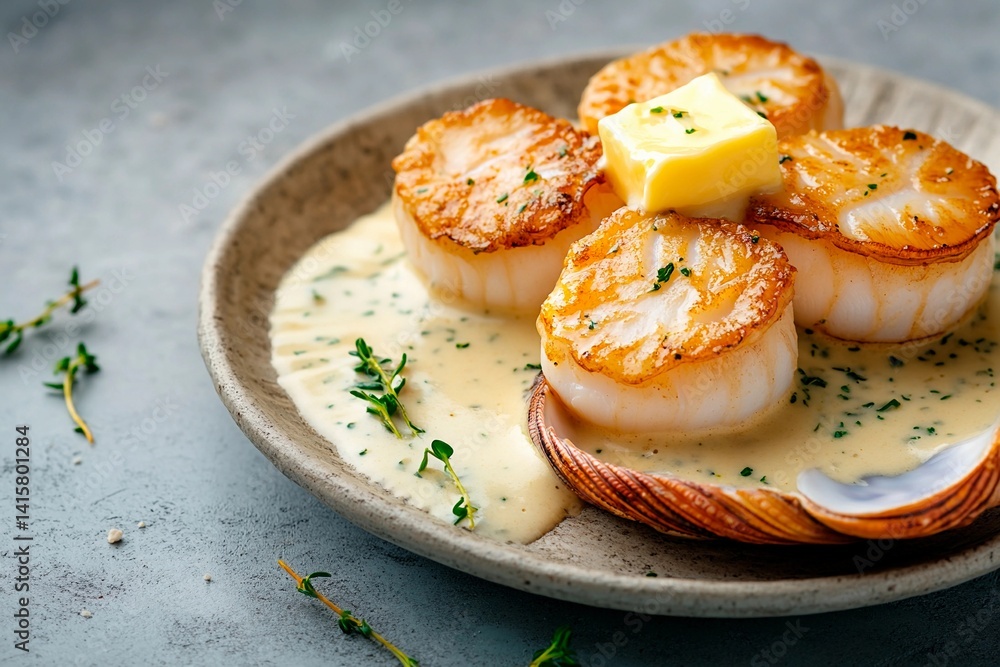 Sautéed scallops are presented on a textured plate, topped with a pat of butter and surrounded by a creamy herb sauce. Fresh thyme garnishes the dish for added flavor Sautéed scallops are presented on a textured plate, topped with a pat of butter and surrounded by a creamy herb sauce. Fresh thyme garnishes the dish for added flavor