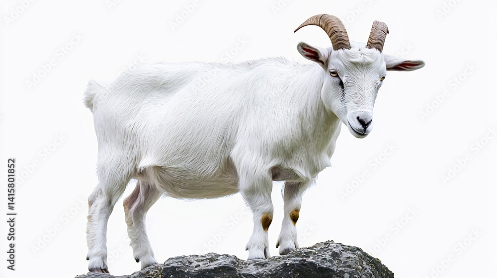 White goat isolated on a white background standing on a rock with its horns prominently displayed White goat isolated on a white background standing on a rock with its horns prominently displayed