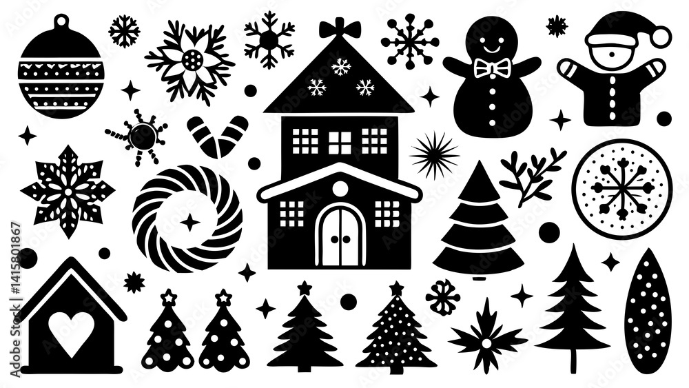 Fototapeta premium Christmas Vector Illustration With Festive Holiday Elements In Black And White Silhouette