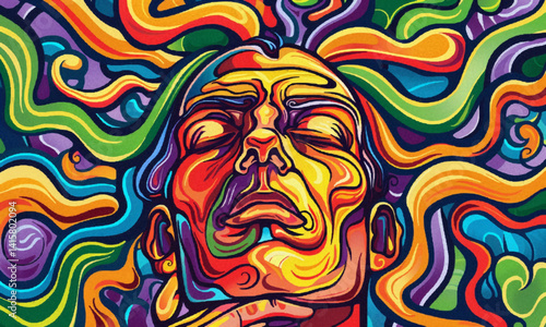 illustration of satisfied man with multicolored abstract hair and closed eyes representing concept of mental health problems --chaos 20