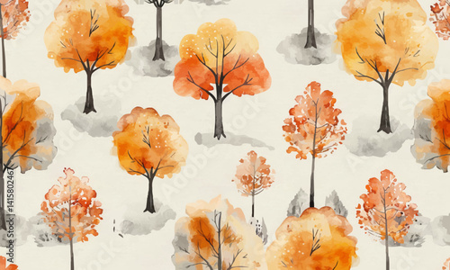Cute watercolor drawing with autumn trees, autumn forest seamless pattern in soft colors. Autumn trendy art background for season decoration, greetings, ads, fabric textile and packaging